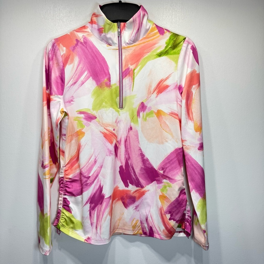 Chico’s Color Splash Half Zip Performance Shirt with Bungee Ruched Side Pulls
